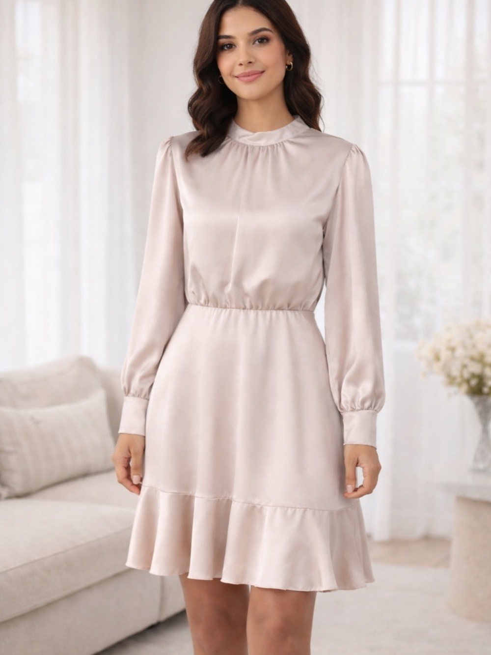 Champagne Satin Tie Neck Long Sleeve Ruffle Hem Dress